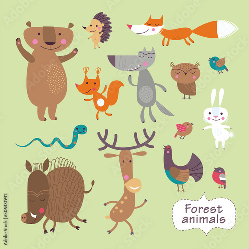Cute forest animals on a green background. Childish vector illustration of fox, deer, wolf, bear, birds, owl, squirrel, snake, boar, hare and hedgehog.