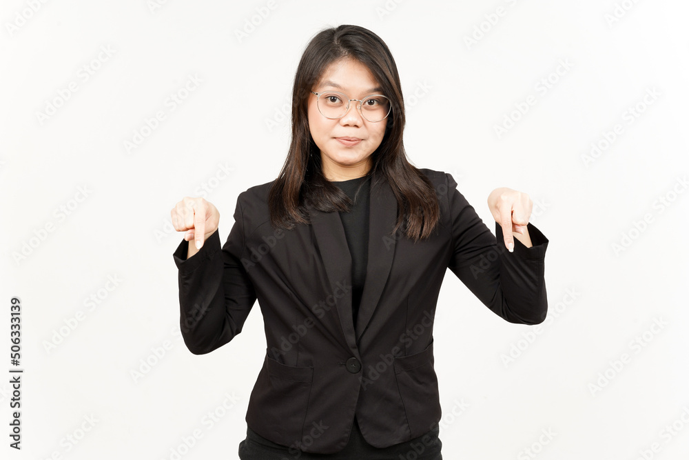 Showing Product and Pointing Down Of Beautiful Asian Woman Wearing Black Blazer Isolated On White Showing Product and Pointing Down Of Beautiful Asian Woman Wearing Black Blazer Isolated On White