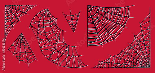 Spider web set isolated on red background. Spooky Halloween red cobwebs. Outline vector illustration