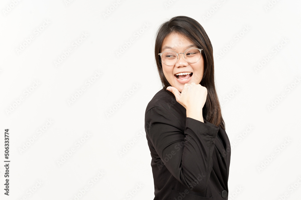 Presenting and Pointing Side Product Using Thumb Of Beautiful Asian Woman Wearing Black Blazer Presenting and Pointing Side Product Using Thumb Of Beautiful Asian Woman Wearing Black Blazer
