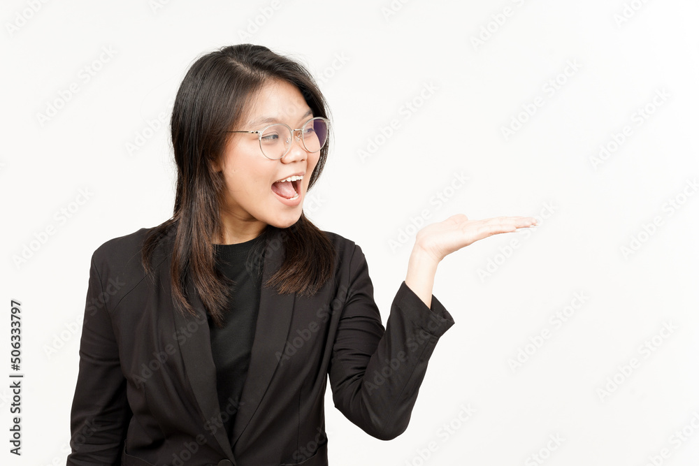 Showing and Presenting Product on Open Palm Of Beautiful Asian Woman Wearing Black Blazer Showing and Presenting Product on Open Palm Of Beautiful Asian Woman Wearing Black Blazer
