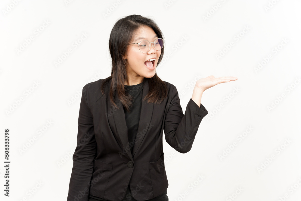 Showing and Presenting Product on Open Palm Of Beautiful Asian Woman Wearing Black Blazer Showing and Presenting Product on Open Palm Of Beautiful Asian Woman Wearing Black Blazer