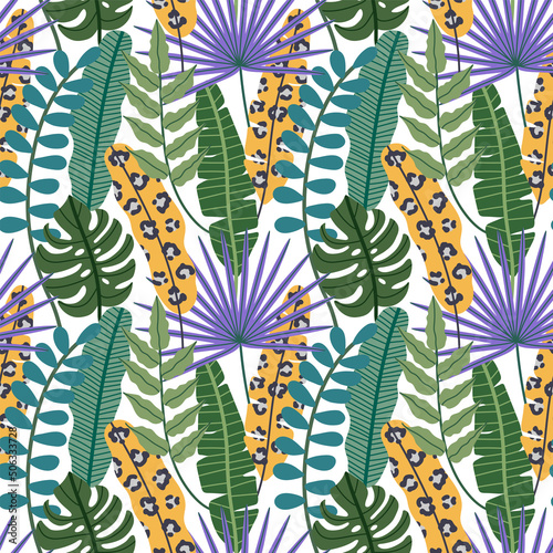 Vector seamless pattern with tropical leaves. Jungles. Tropical pattern. Animal print. Hand drawn illustration. The print is used for Wallpaper, fabric, textile.
