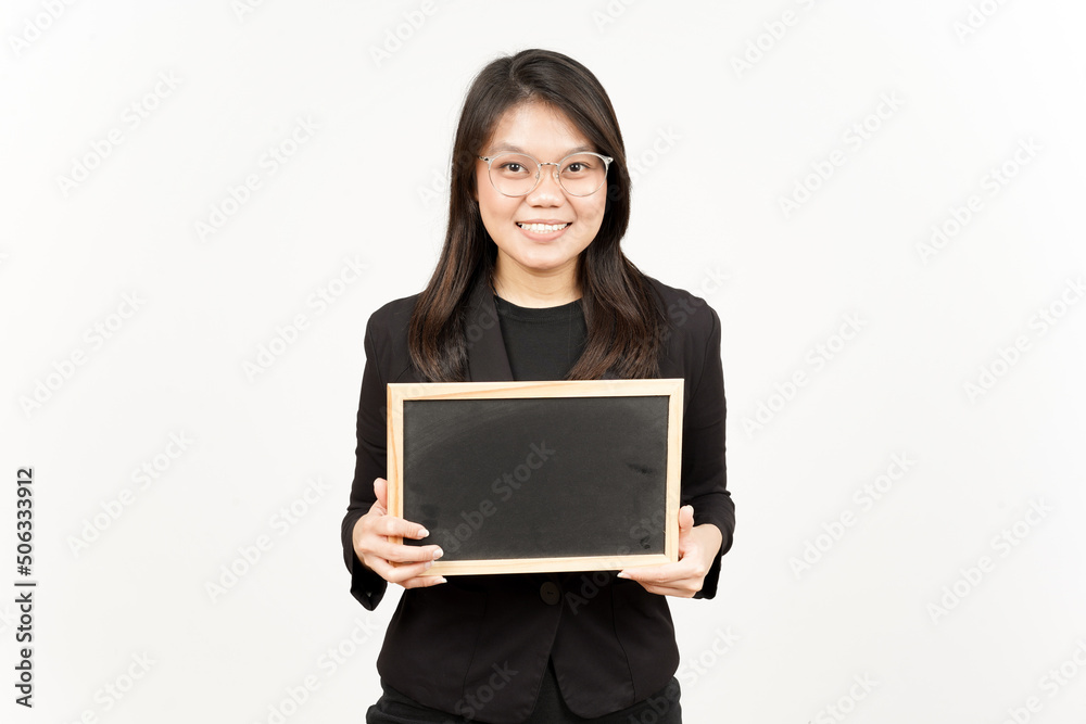 Showing, Presenting and holding Blank Blackboard Of Beautiful Asian Woman Wearing Black Blazer Showing, Presenting and holding Blank Blackboard Of Beautiful Asian Woman Wearing Black Blazer