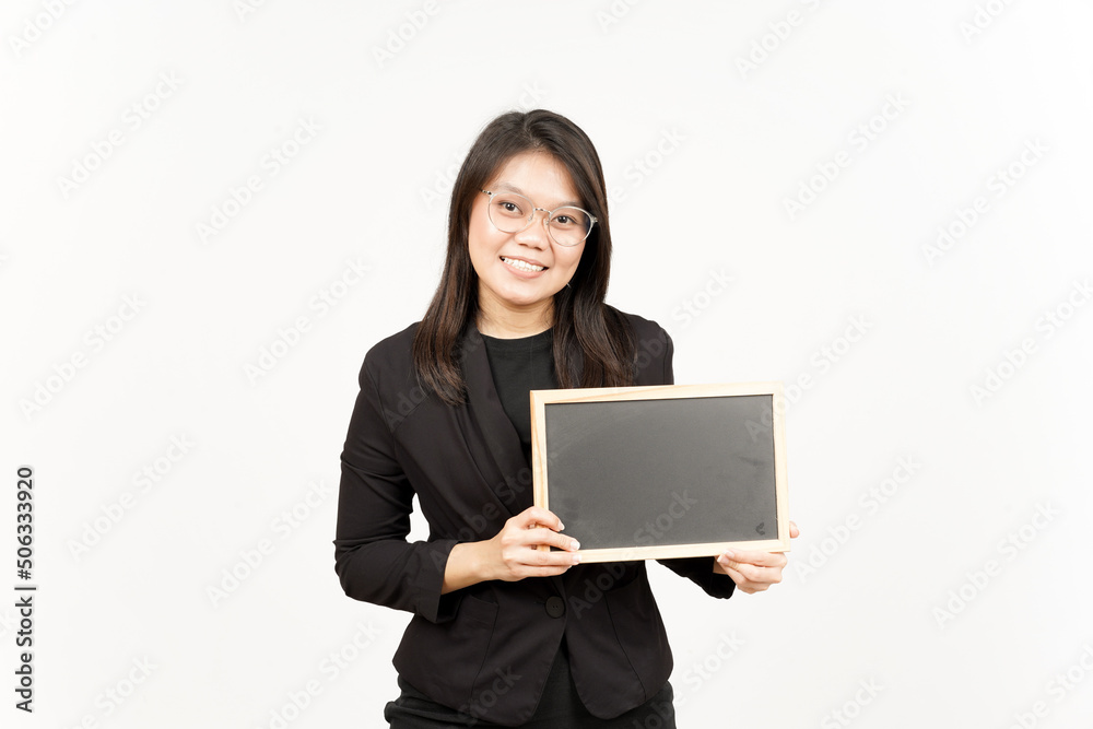 Showing, Presenting and holding Blank Blackboard Of Beautiful Asian Woman Wearing Black Blazer