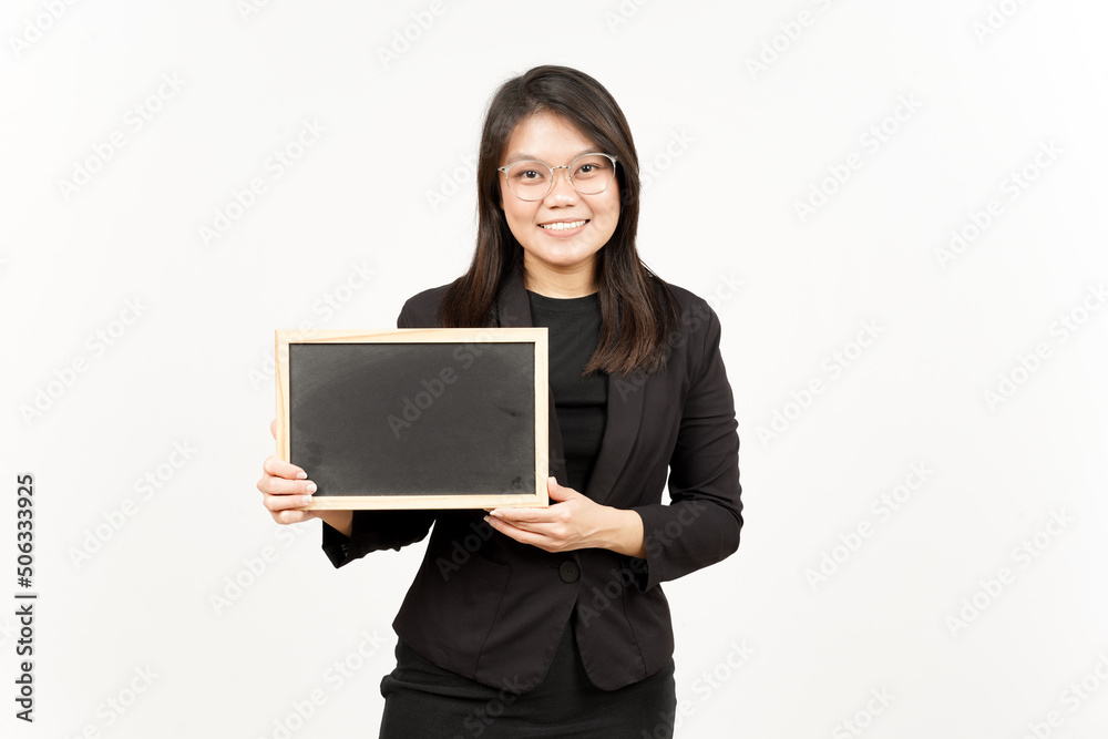 Showing, Presenting and holding Blank Blackboard Of Beautiful Asian Woman Wearing Black Blazer Showing, Presenting and holding Blank Blackboard Of Beautiful Asian Woman Wearing Black Blazer