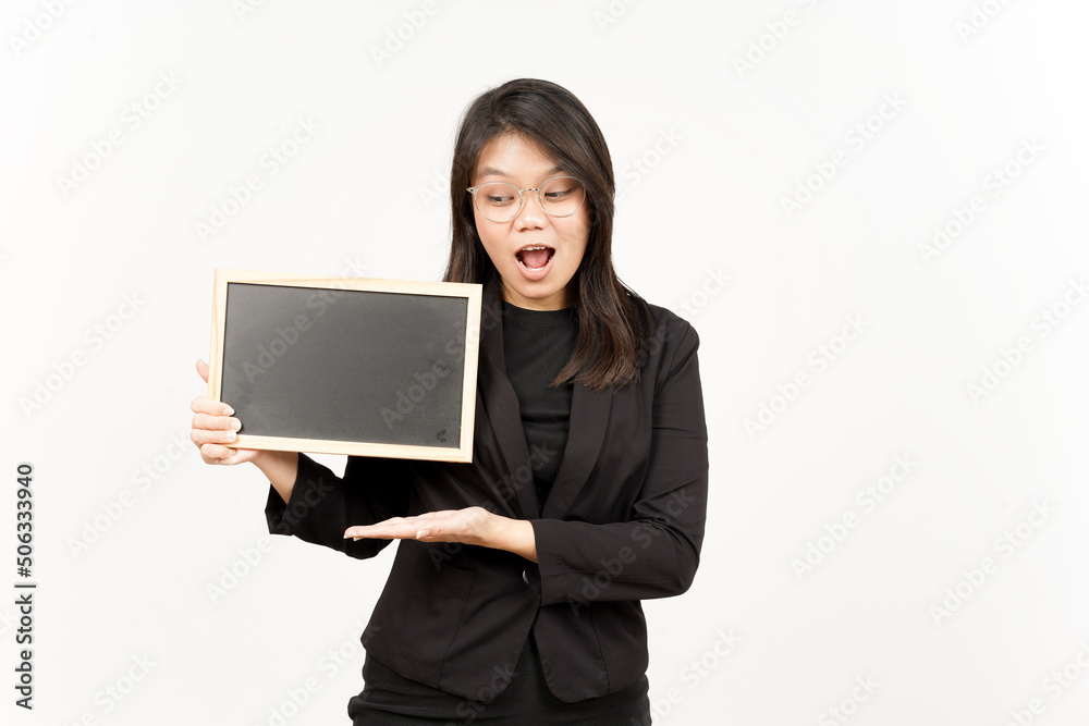 Showing, Presenting and holding Blank Blackboard Of Beautiful Asian Woman Wearing Black Blazer Showing, Presenting and holding Blank Blackboard Of Beautiful Asian Woman Wearing Black Blazer