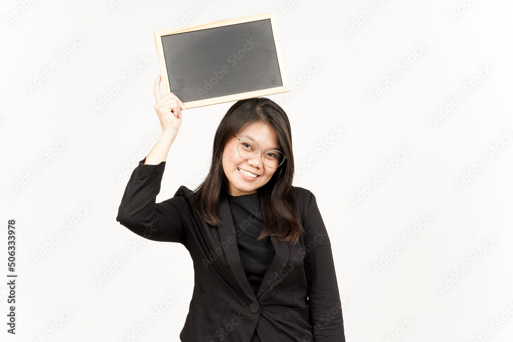 Showing, Presenting and holding Blank Blackboard Of Beautiful Asian Woman Wearing Black Blazer Showing, Presenting and holding Blank Blackboard Of Beautiful Asian Woman Wearing Black Blazer