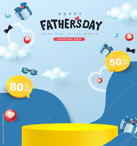 Father's Day sale banner with product display cylindrical shape and gift box for dad on blue background