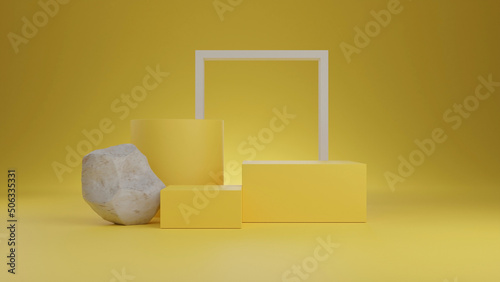 3D rendering of yellow podium with marble stone on yellow background. Beautiful Luxury scene for products display. Circle yellow stage with white box.