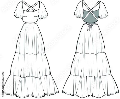 Women Back Open Criss Cross Maxi Tiered Dress With Balloon Sleeve Front and Back View. fashion illustration vector, CAD, technical drawing, flat drawing. 