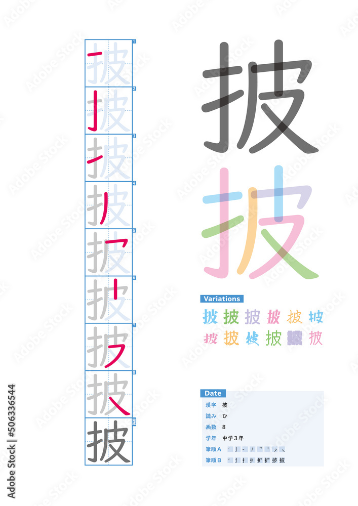 書き順_中学3年_披（ひ）_Stroke order of Japanese Kanji - obrazy, fototapety, plakaty 