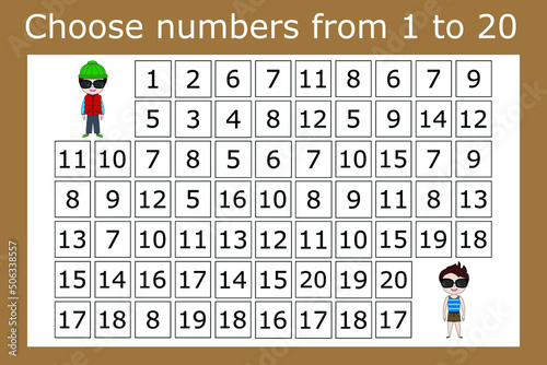 Counting maze for kids. A fun game, a mathematical puzzle with the selection of numbers from 1 to 20 in the correct order