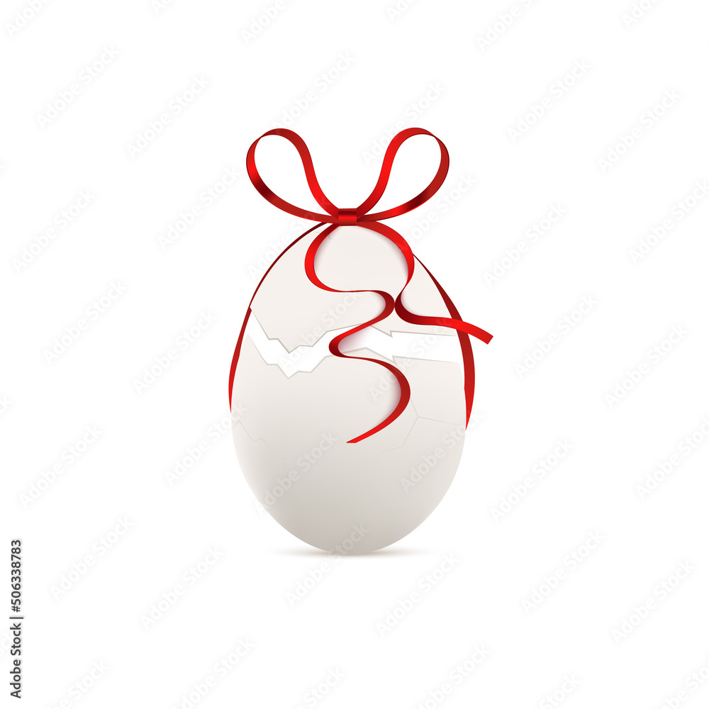 Chicken white egg with crack in 3d vector illustration decorated with red ribbon Chicken white egg with crack in 3d vector illustration decorated with red ribbon