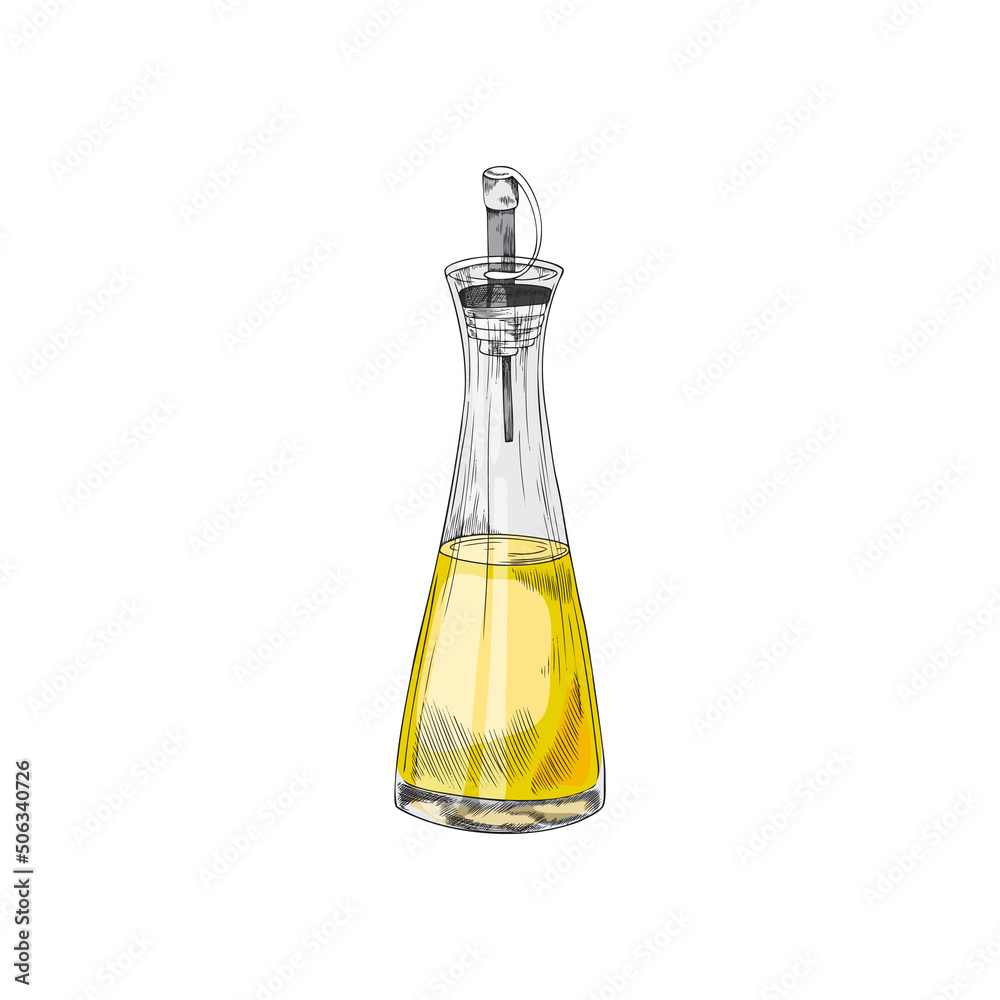 Bottle of oil for serving with nozzle, hand drawn vector illustration isolated. Bottle of oil for serving with nozzle, hand drawn vector illustration isolated.