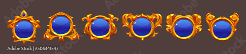 Blue game buttons, achievement badges with golden frames. Vector cartoon set of round icons with gold border in medieval style, circle award labels isolated on background