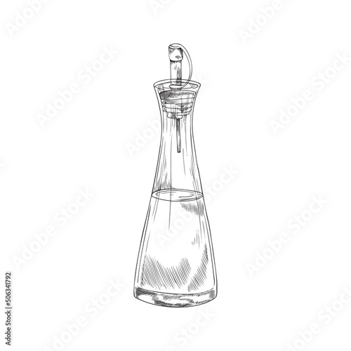 Glass bottle for oil, drinks, vinegar, monochrome vector illustration on white background.