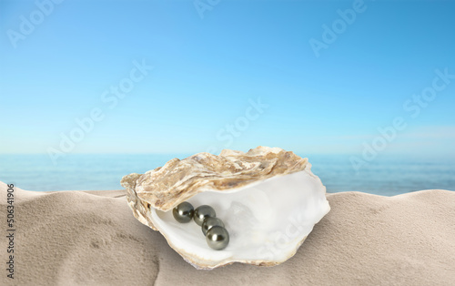 Open oyster shell with black pearls on sandy beach near sea