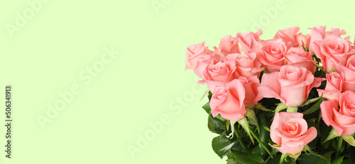 Wallpaper Mural Bouquet of beautiful pink roses on light background, space for text. Banner design Torontodigital.ca