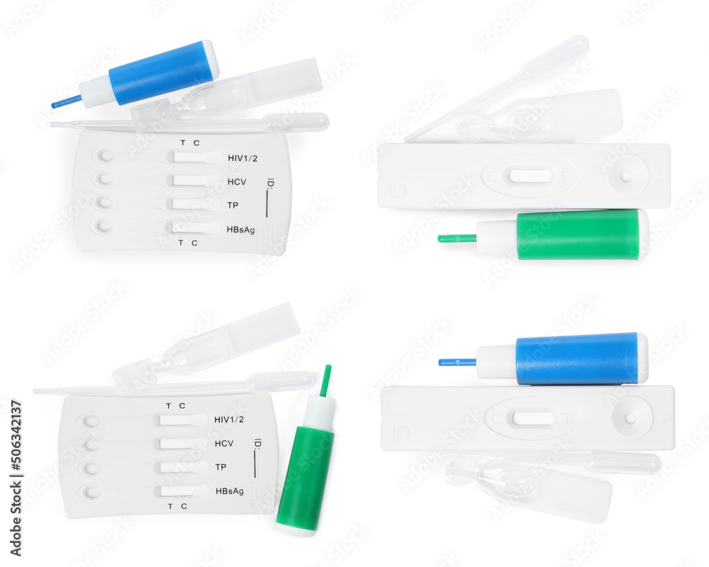 Set with disposable express test kits for hepatitis on white background, top view Set with disposable express test kits for hepatitis on white background, top view