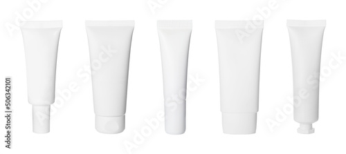 Принти на полотні Set with blank tubes of cosmetic products on white background