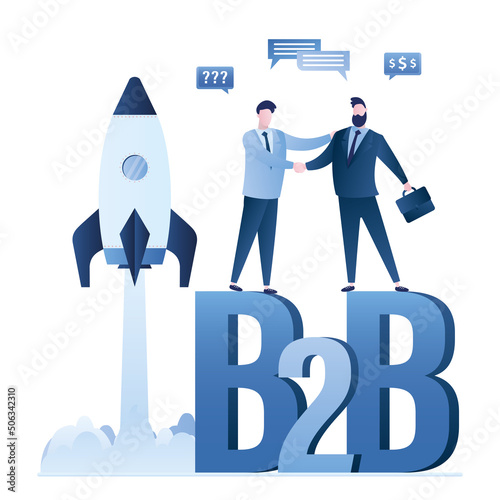 Businessmen handshake, successful business negotiations and agreement. b2b, business to business, concept. New startup, rocket takeoff. Male characters talking, succesful deal.