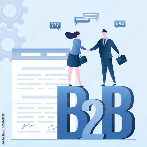 Businesspeople handshake, successful negotiations and agreement. b2b, business to business, concept. New startup, paper contract with signatures. Business characters talking, succesful deal.