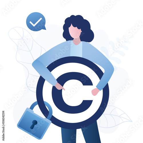 Businesswoman owner holds intellectual property sign. Patented protection, copyright reserved or product trademark that cannot copy. Protect business ideas, concept