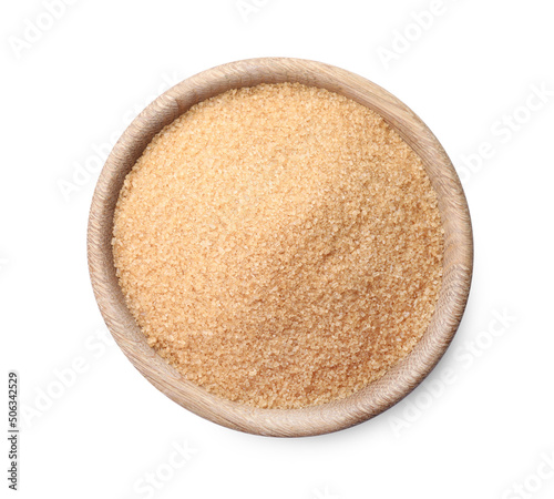 Brown sugar in wooden bowl isolated on white, top view