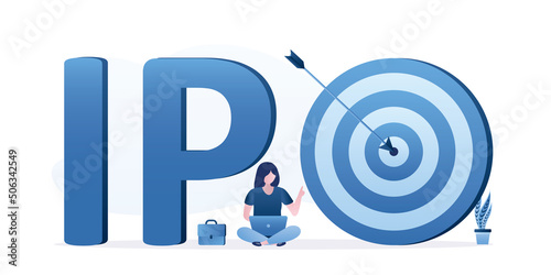 Female trader online trading stock. Big letters - IPO with bullseye target. IPO, initial public offering. Company go public in stock market, investment opportunity, make profit from new stock.