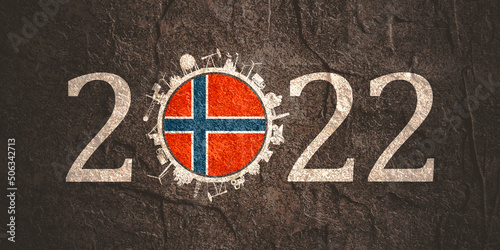 2022 year number with industrial icons around zero digit. Flag of Norway.