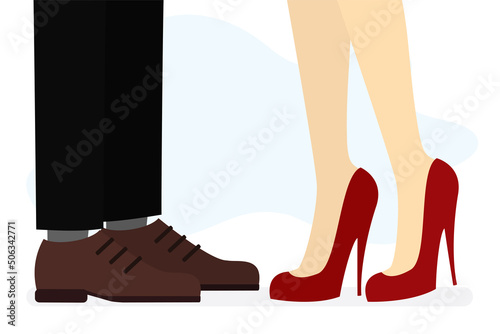 Legs of a man and woman close-up. Business people or lovers stand nearby. Intimacy, love, communication concept. Human body parts. Cartoon people.