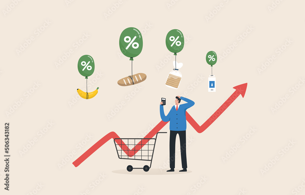 Food inflation, Consumer price index or CPI. Prices of commodities and consumer goods rose due to rising inflation. Consumer goods float with air balloons. - obrazy, fototapety, plakaty 