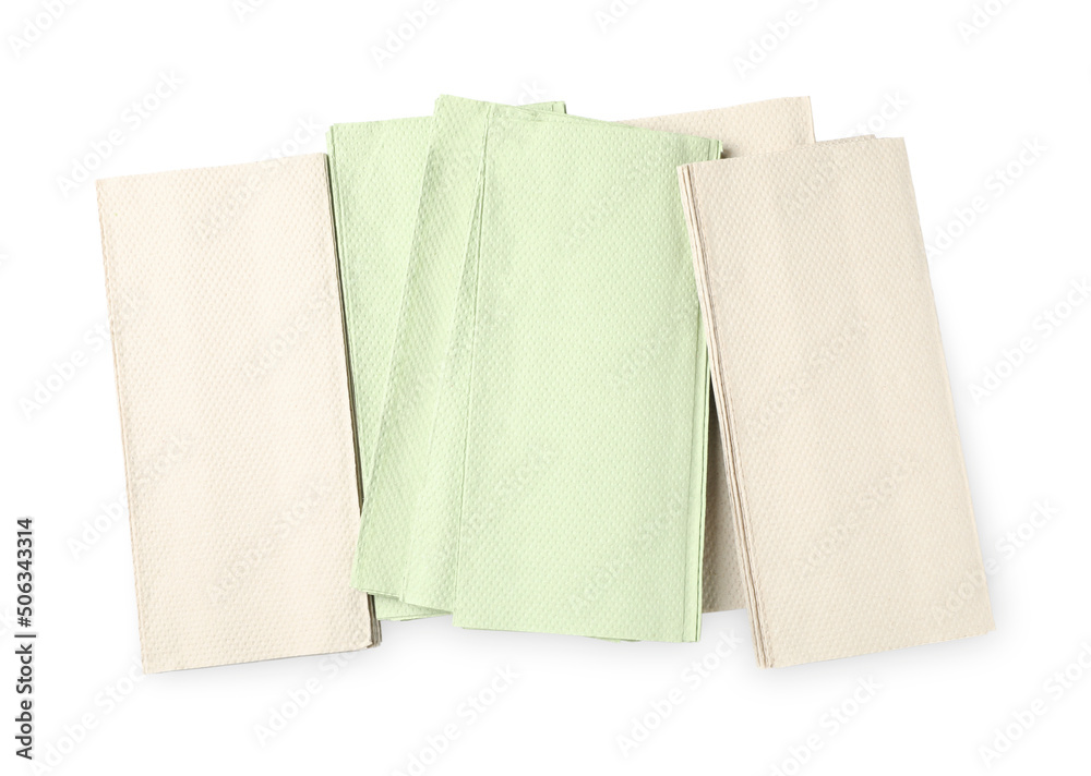 Many paper napkins on white background, top view