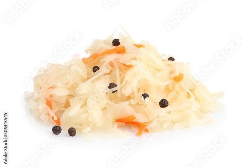 Tasty sauerkraut with carrot and peppercorns on white background