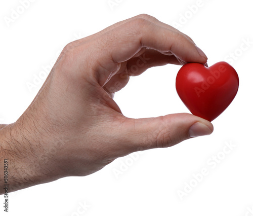 Man holding red heart on white background  closeup. Cardiology concept