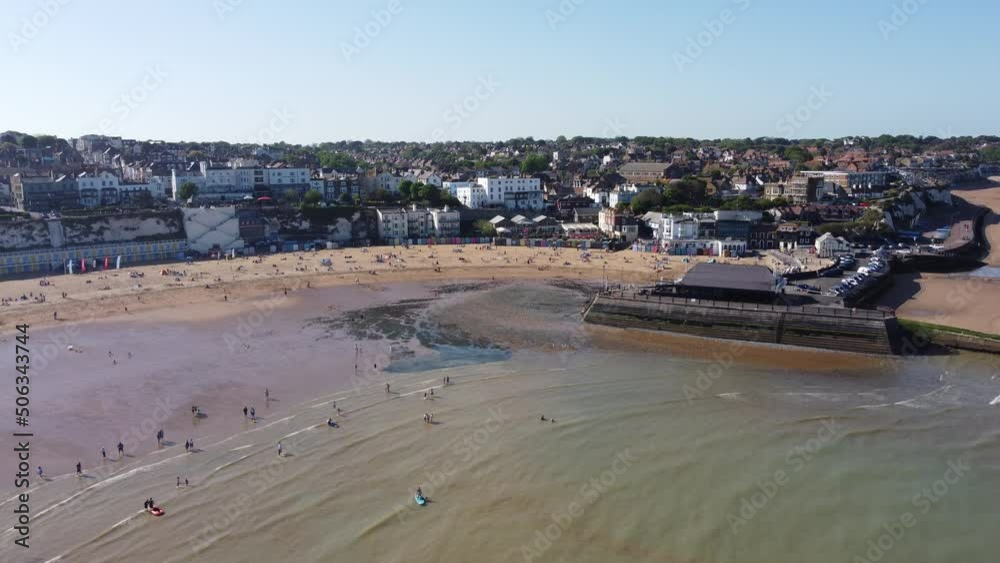 High panning point of view Broadstairs Kent seaside town and beach drone aerial view High panning point of view Broadstairs Kent seaside town and beach drone aerial view