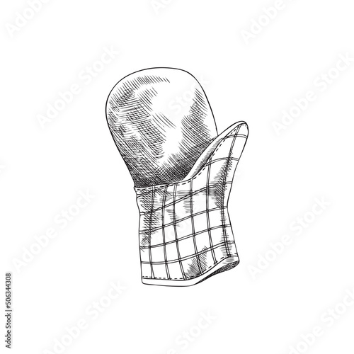 Hand drawn monochrome kitchen mitten to hold hot objects, sketch