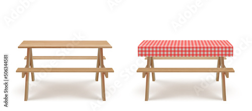 Tela Wooden picnic table with long benches and red white checkered tablecloth 3d realistic vector