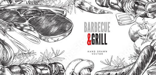 Barbecue grill, poster for text, hand-drawn vector illustration on a white background.