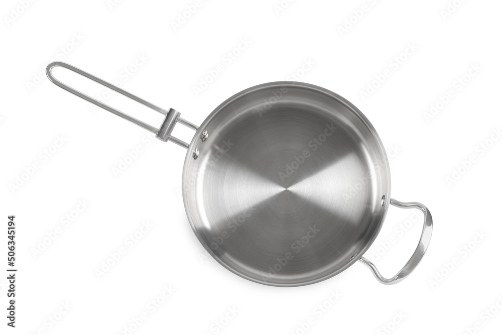 New shiny saucepan isolated on white, top view New shiny saucepan isolated on white, top view