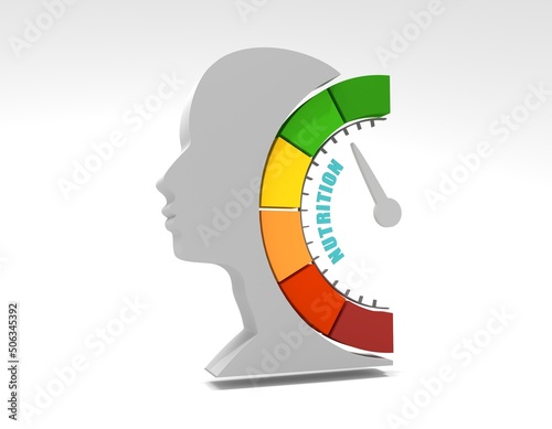 Nutrition quality measuring device with arrow and scale. Human head silhouette. 3D render