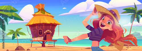 Happy girl on sea beach with bungalow and palm trees. Vector cartoon illustration of beautiful woman and tropical landscape with resort wooden house and ocean sand shore