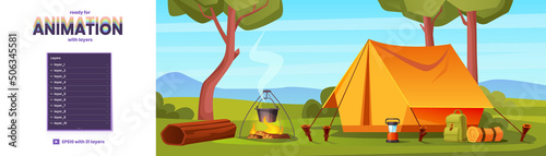 Summer camp in forest with tent and bonfire. Vector parallax background ready for 2d animation with cartoon illustration of landscape with trees, green grass, log and campsite with backpack