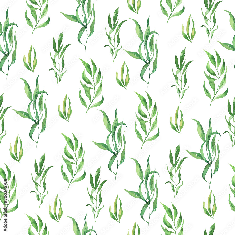 Seamless pattern with decorative fresh green leaves. Hand drawn watercolor illustration.