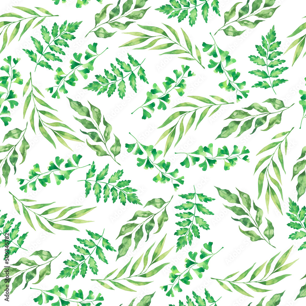 Naklejka premium Seamless pattern with green palm, ginkgo and fern leaves. Hand drawn watercolor illustration.