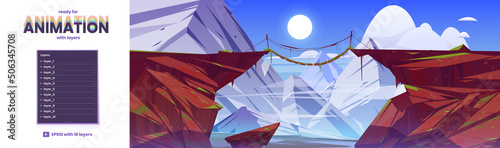 Mountain landscape with suspension bridge between cliffs. Vector parallax background ready for 2d animation with cartoon illustration of white rocks and wooden rope bridge over precipice