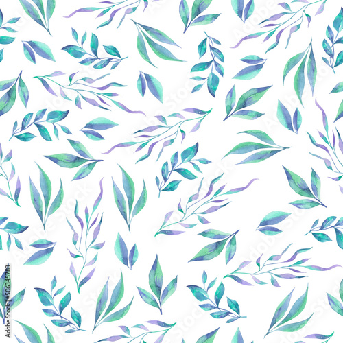 Seamless pattern with cute decorative blue leaves. Hand drawn watercolor illustration.