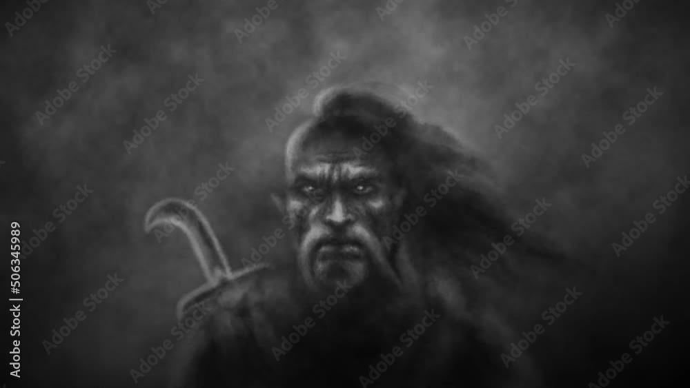 Angry Cossack on background of stormy sky. 2D animation in dark fantasy genre. Ancient warrior with saber on his back. Animated backdrop movie. VJ loops and music clips. Blur effects and camera shake.