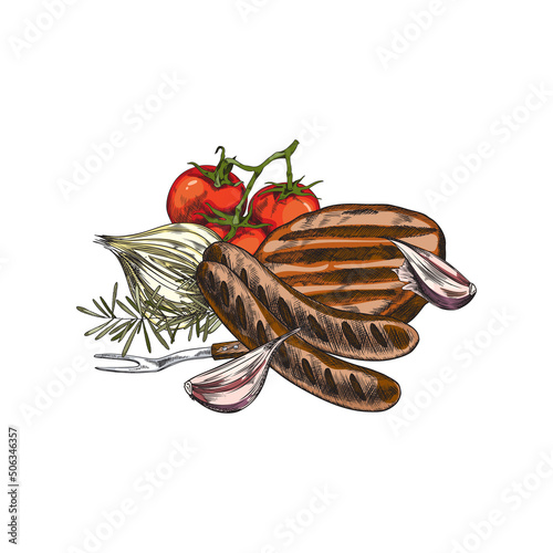 Meat fillet and sausages fried on grill grate, vector illustration isolated.